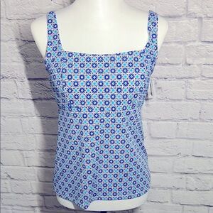 Lands’ End Patterned Tankini Top Swimwear Women’s Size 6 Blue & White